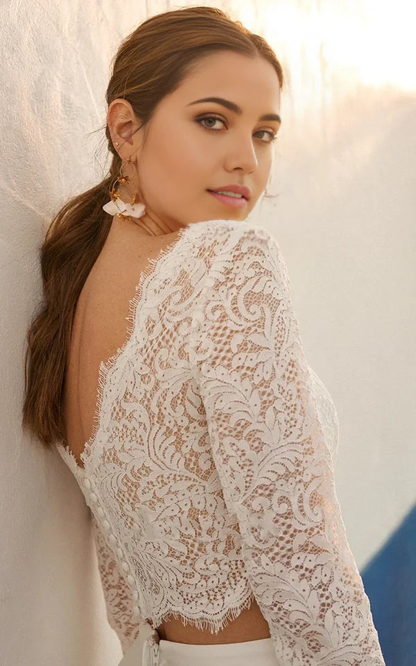 Vestido de novia de dos piezas con encaje, joya, mangas 3/4, largo hasta el suelo y fruncido